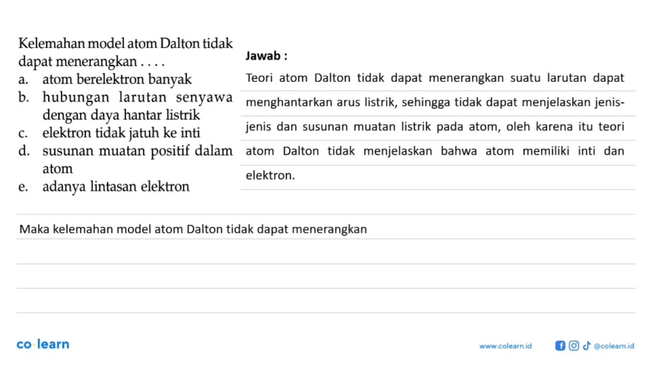 Kelemahan model atom Dalton tidak dapat menerangkan . . . .