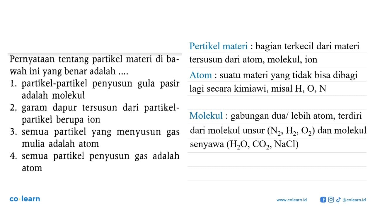 Pernyataan tentang partikel materi di bawah ini yang benar