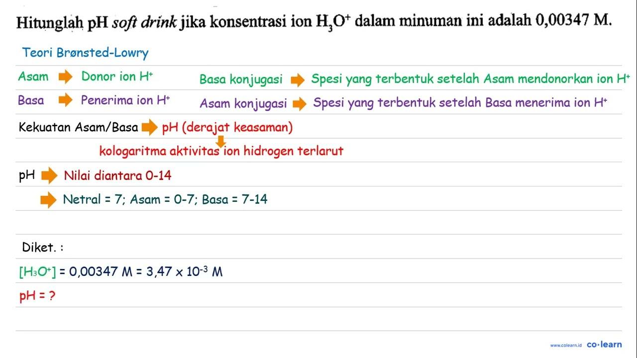 Hitunglah pH soft drink jika konsentrasi ion H3O^+ dalam