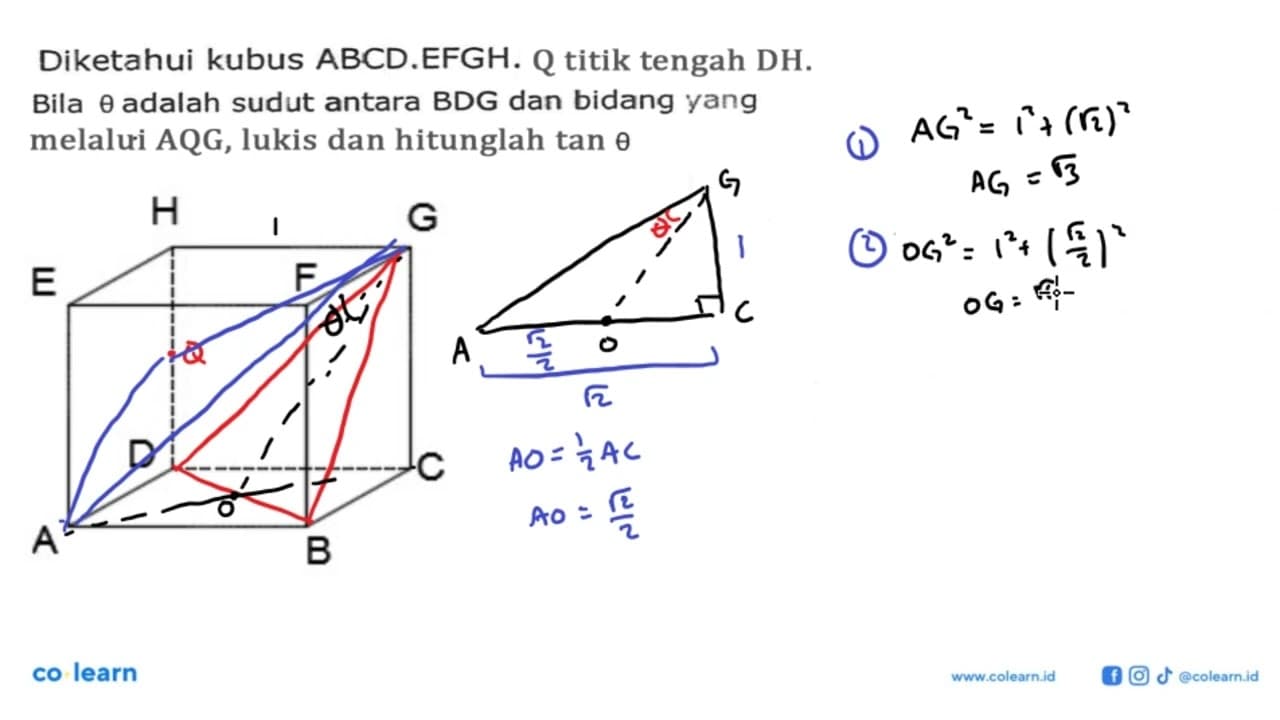 Diketahui kubus ABCD.EFGH. Q titik tengah DH. tetha adalah