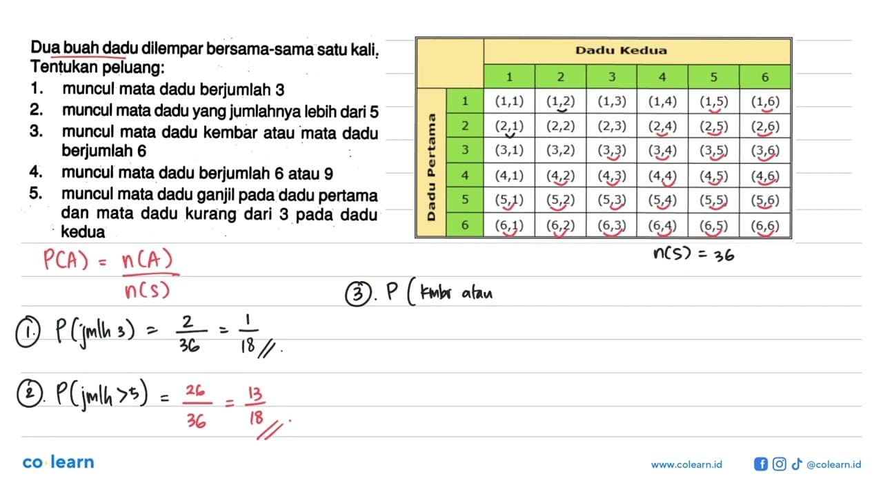 Dua buah dadu dilempar bersama-sama satu kali; Tentukan