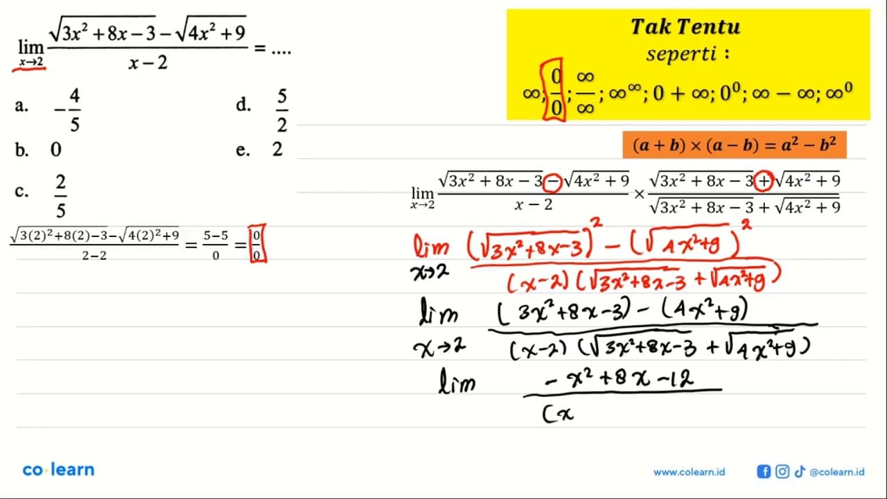 lim x->2 (akar(3x^2+8x-3)-akar(4x^2+9))/(x-2)=...