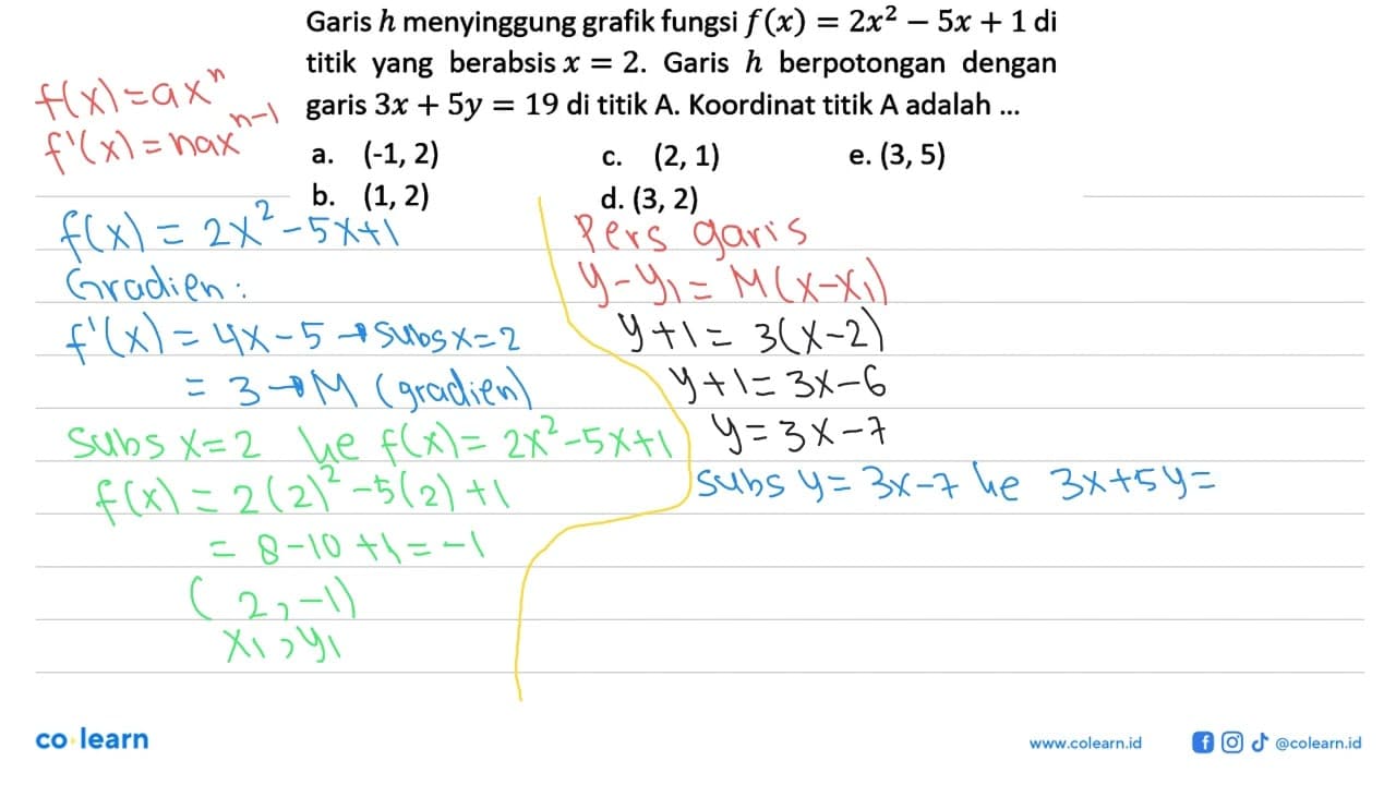 Garis h menyinggung grafik fungsi f(x)=2x^2-5x+1 di titik