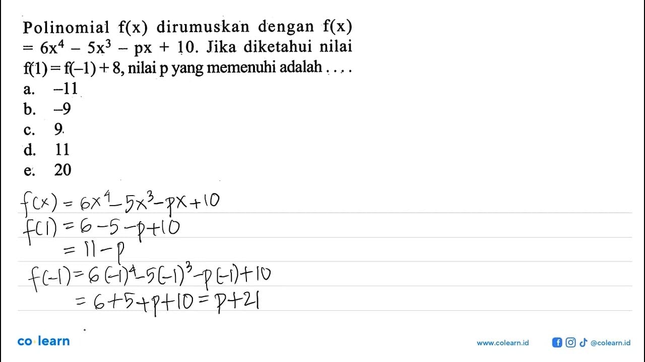 Polinomial f(x) dirumuskan dengan f(x)=6x64-5x^3-px+10.