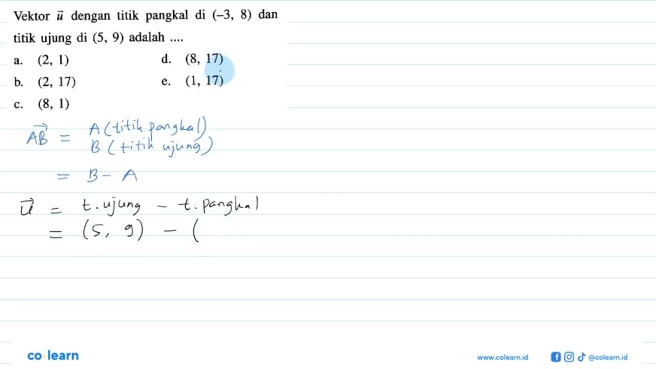 Vektor u dengan titik pangkal di (-3,8) dan titik ujung di