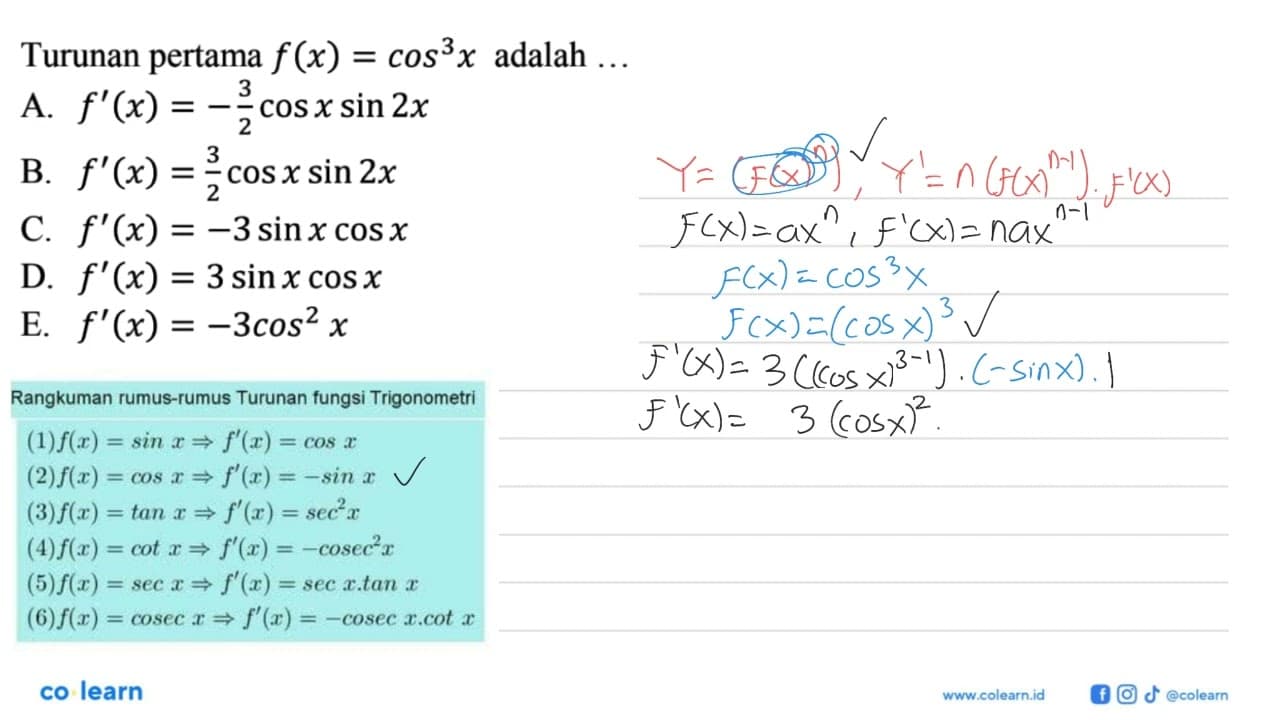 Turunan pertama f(x)=cos^3(x) adalah ...