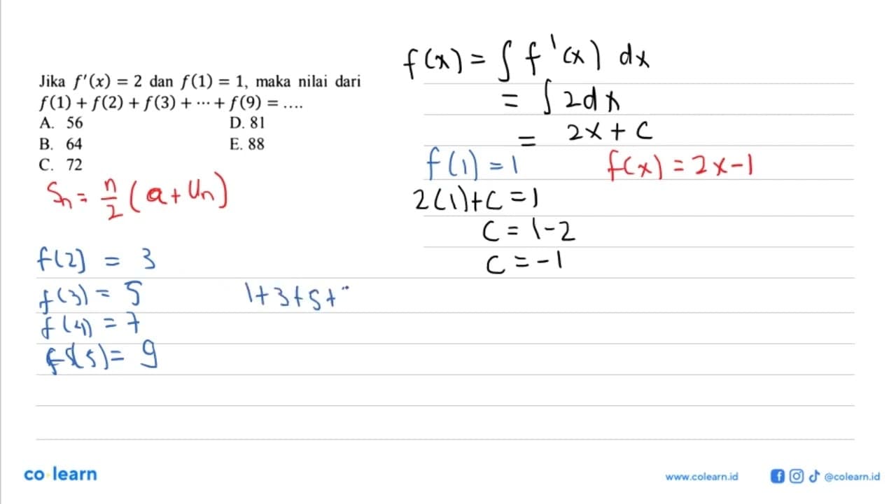 Jika f'(x)=2 dan f(1)=1, maka nilai dari