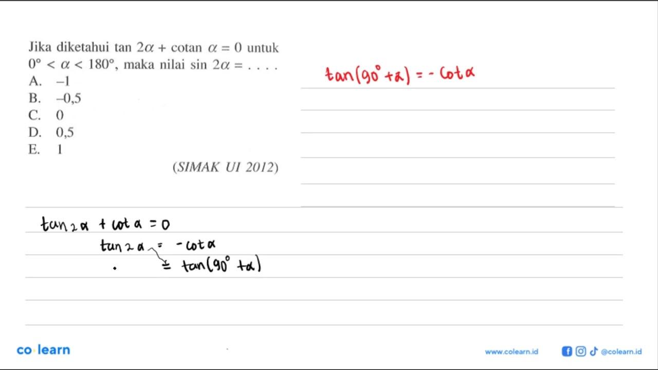 Jika diketahui tan(2 alpha)+cotan alpha=0 untuk