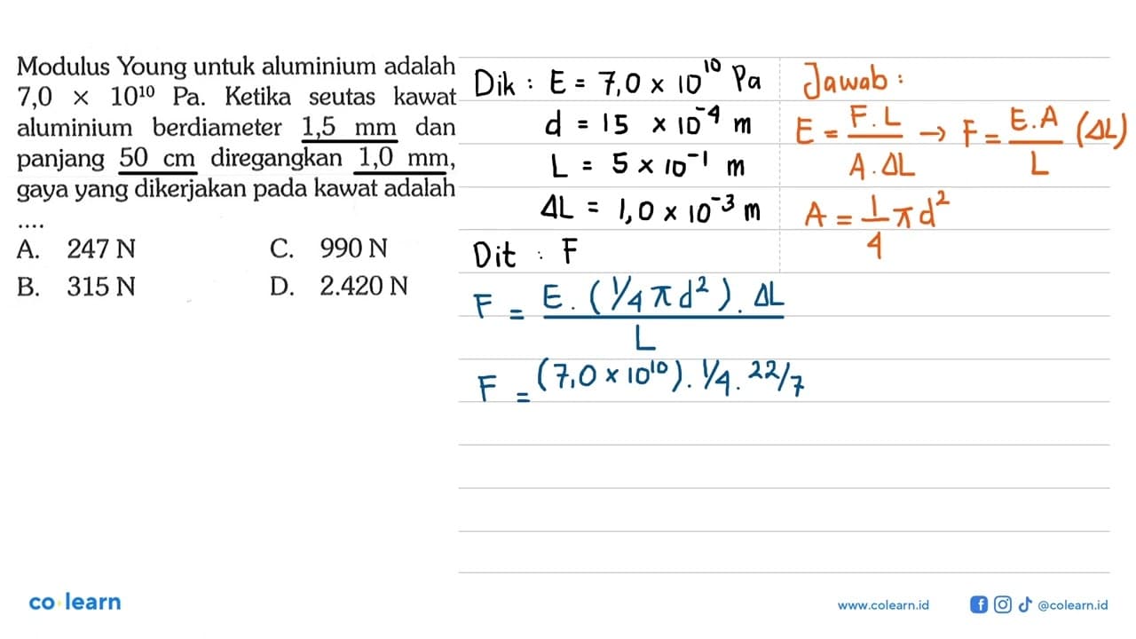 Modulus Young untuk aluminium adalah 7,0 x 10^(10) Pa.