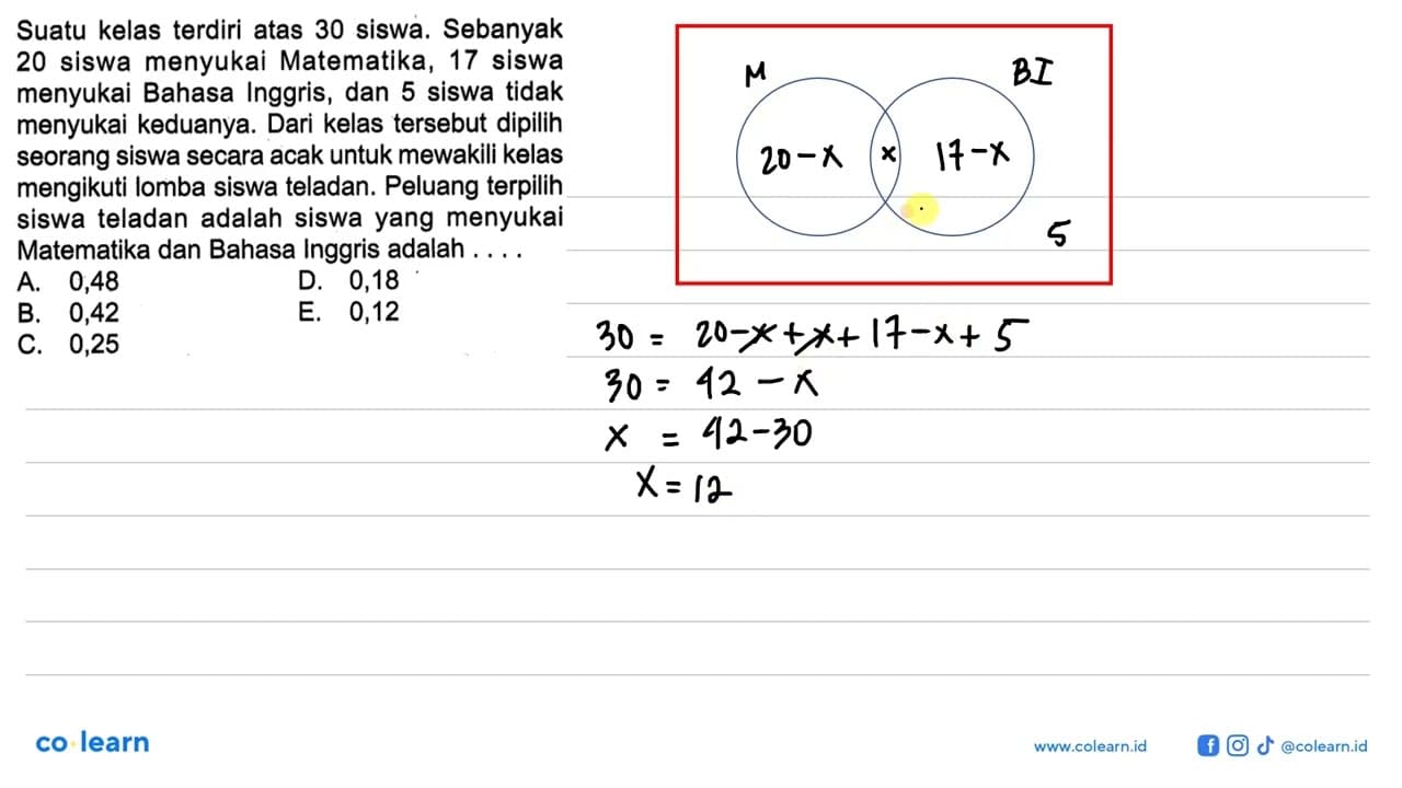 Suatu kelas terdiri atas 30 siswa. Sebanyak 20 siswa