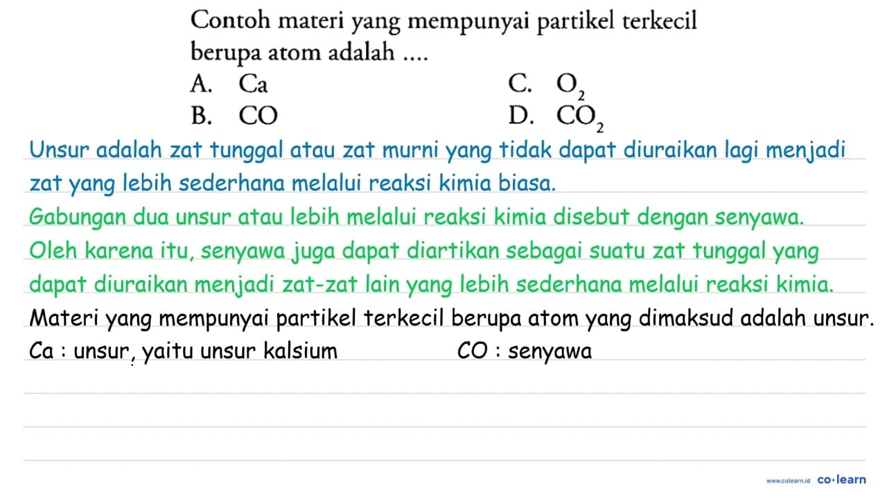 Contoh materi yang mempunyai partikel terkecil berupa atom