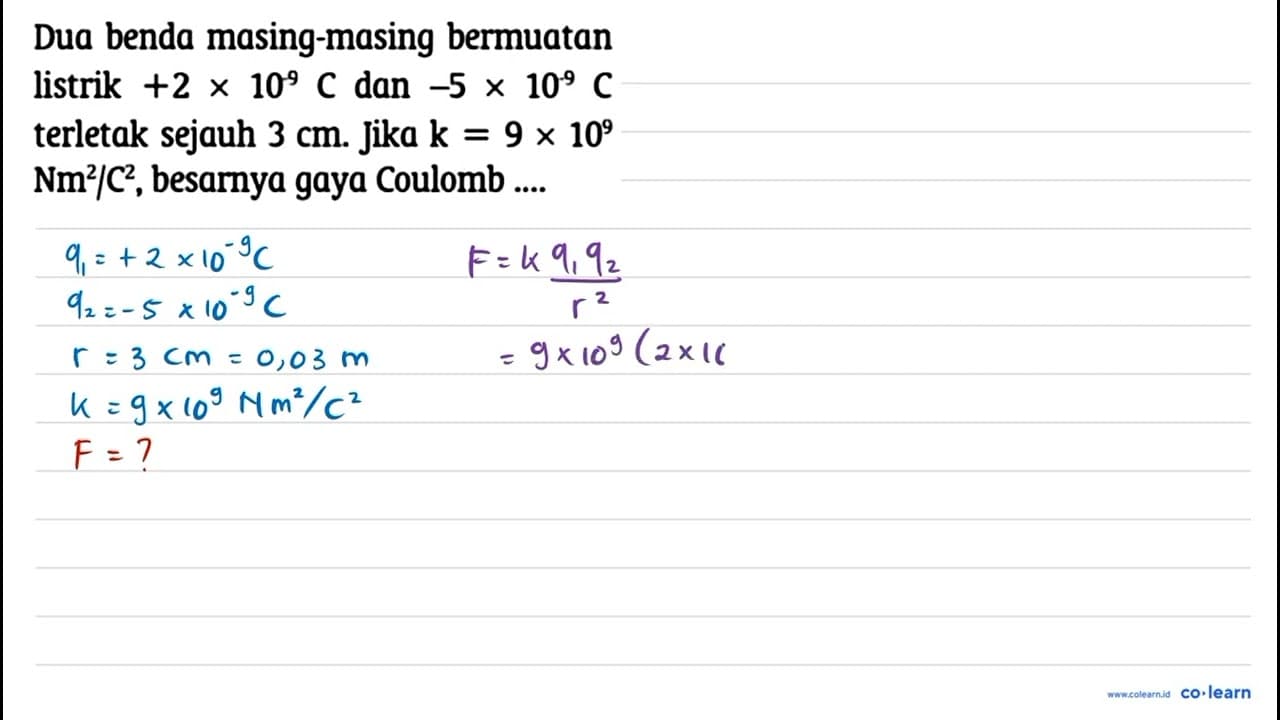 Dua benda masing-masing bermuatan listrik +2 x 10^(-9) C