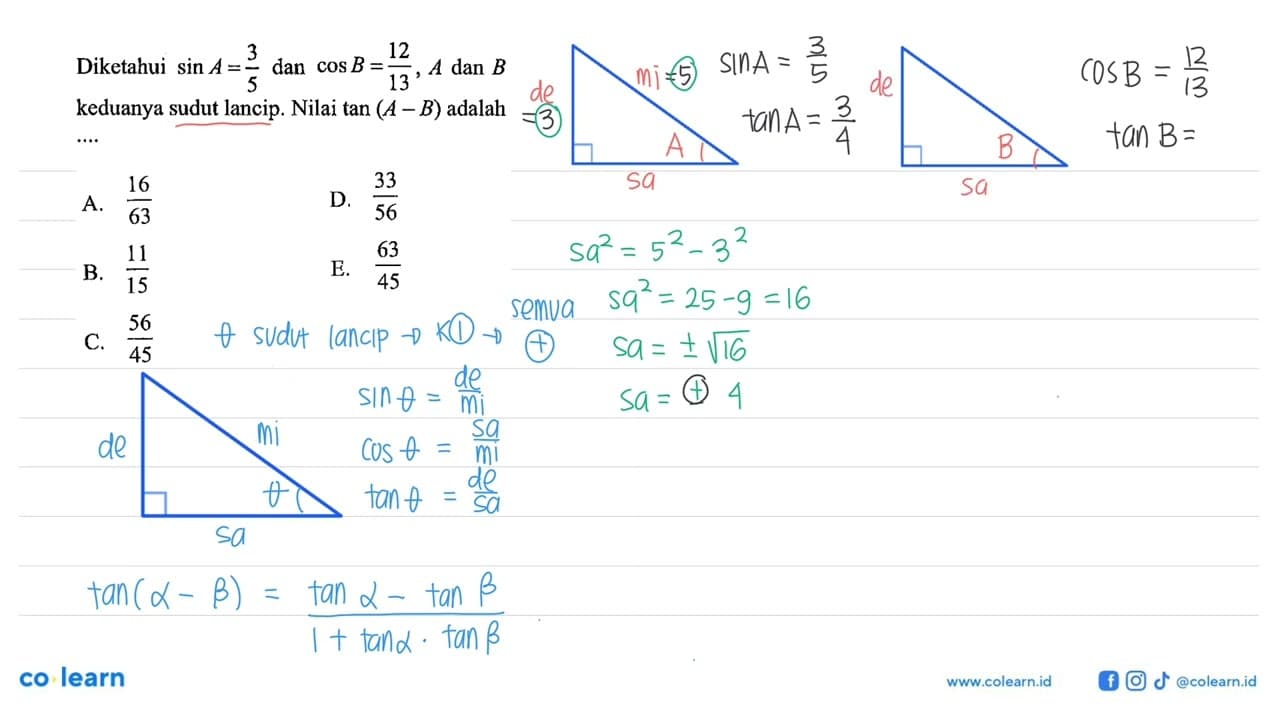 Diketahui sin A=3/5 dan cos B=12/13, A dan B keduanya sudut