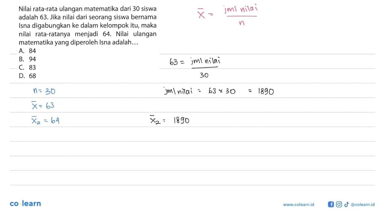 Nilai rata-rata ulangan matematika dari 30 siswa adalah 63.