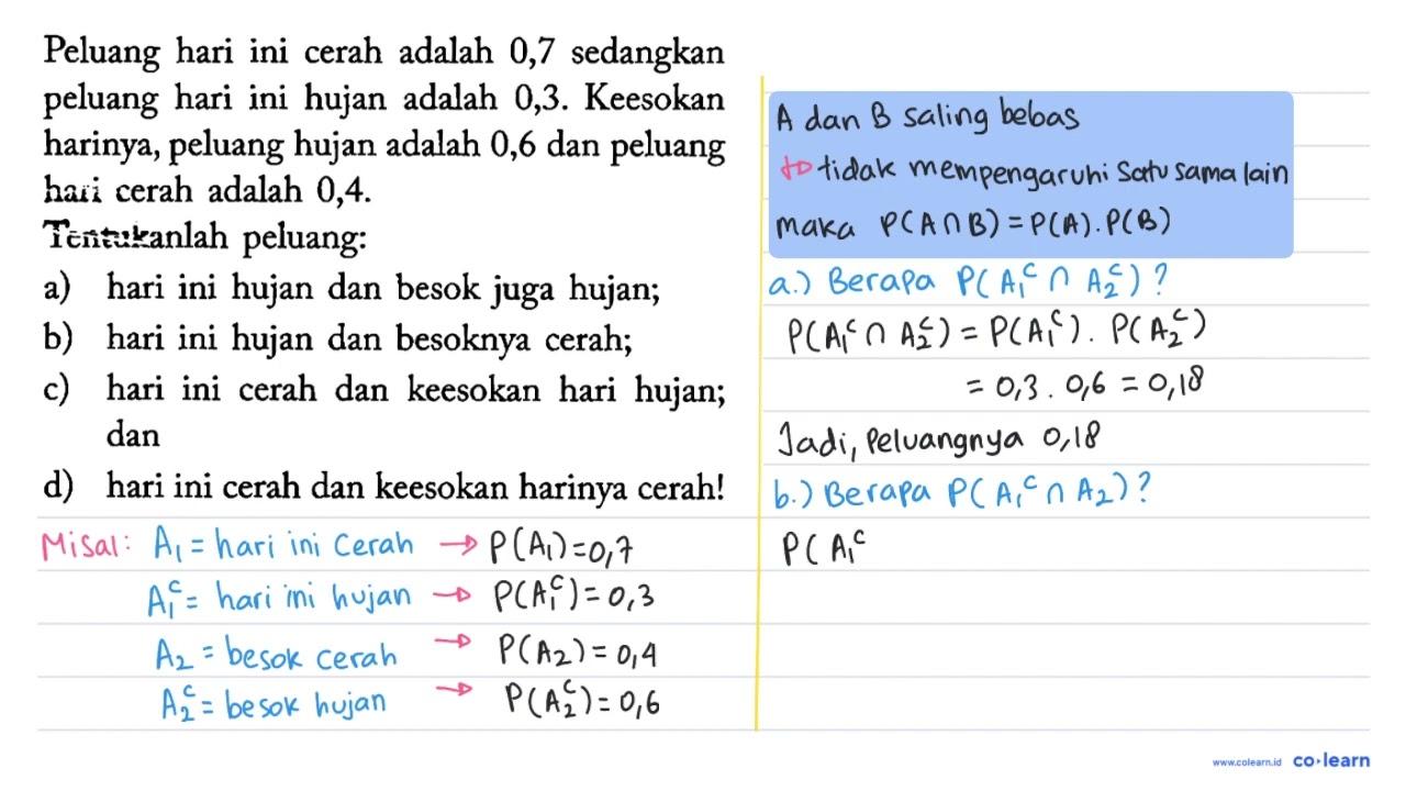 Peluang hari ini cerah adalah 0,7 sedangkan peluang hari