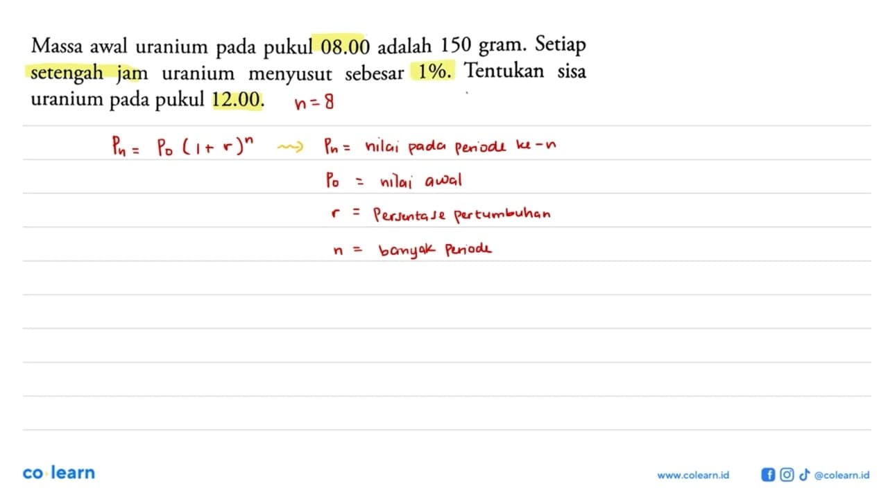 Massa awal uranium pada pukul 08.00 adalah 150 gram. Setiap