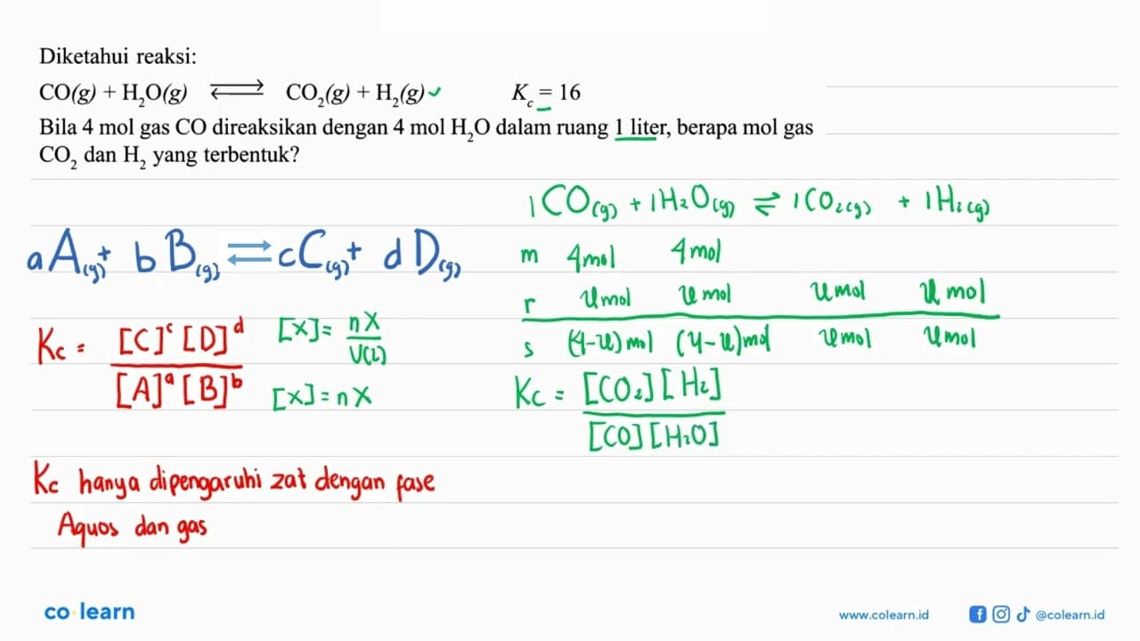 Diketahui reaksi: CO (g) + H2O (g) <=> CO2 (g) + H2 (g) Kc