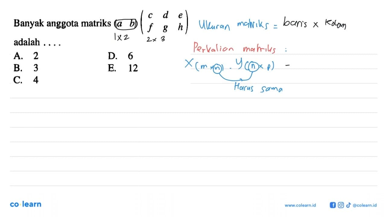 Banyak anggota matriks (a b)(c d e f g h) adalah....