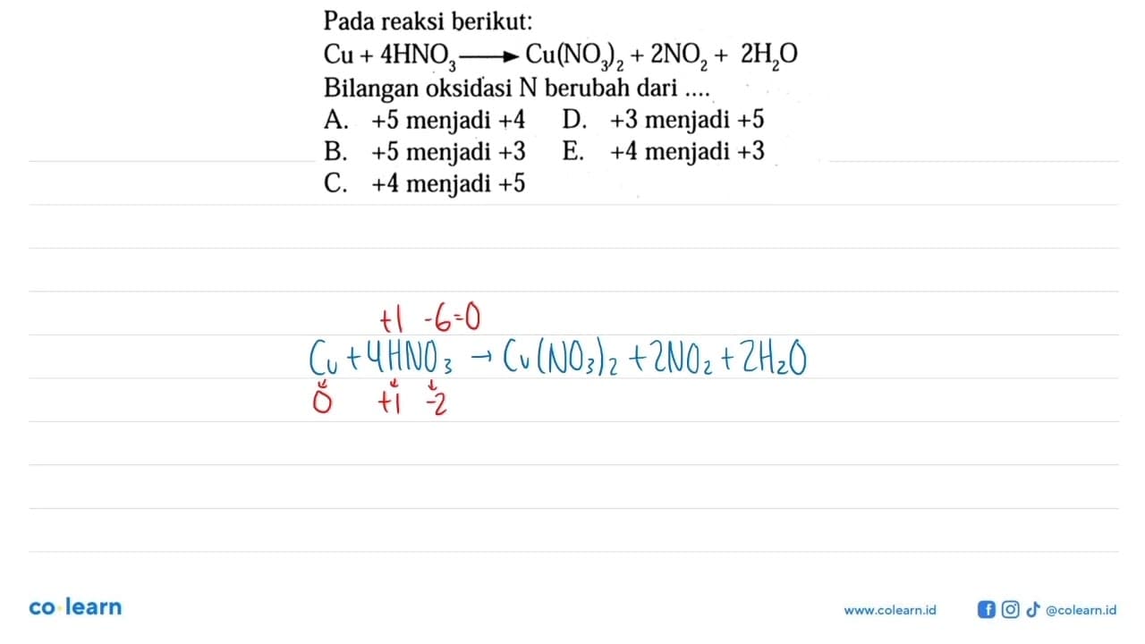 Pada reaksi berikut: Cu + 4 HNO -> Cu(NO3)2 + 2 NO2 + 2 H2O