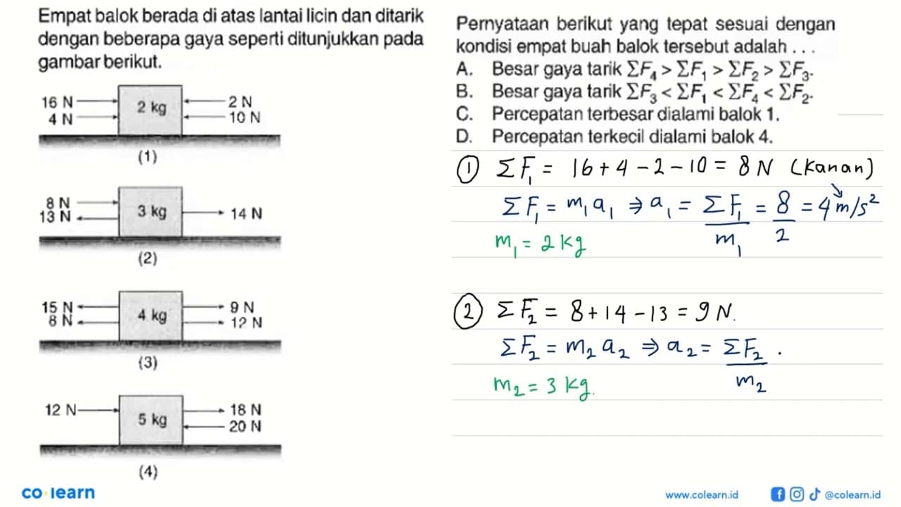 Empat balok berada di atas lantai licin dan ditarik dengan