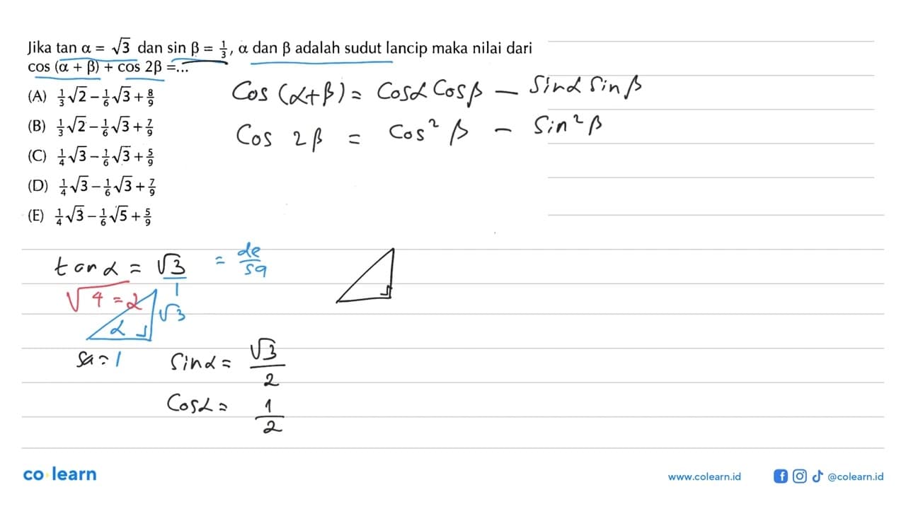 Jika tan alpha=akar(3) dan sin beta=1/3, alpha dan beta