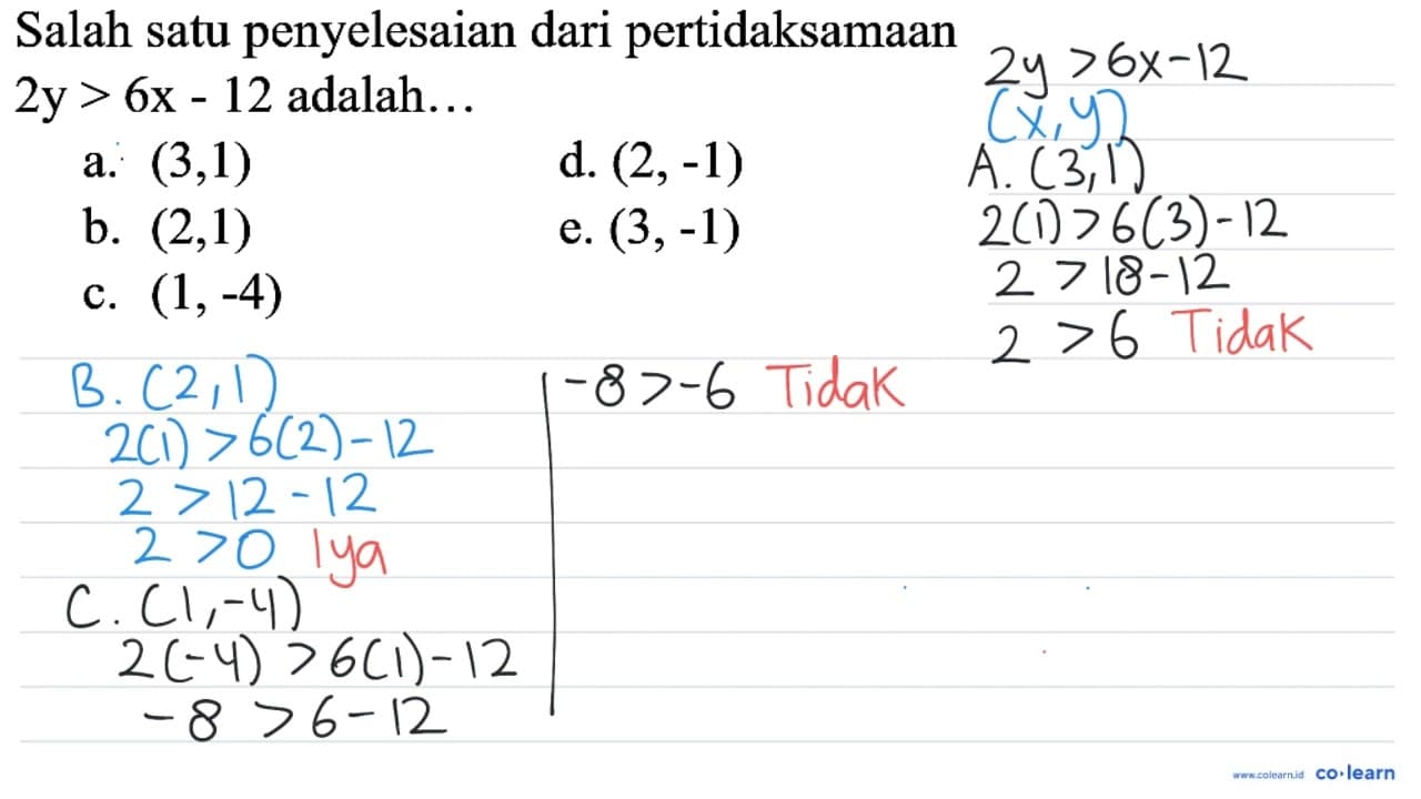 Salah satu penyelesaian dari pertidaksamaan 2 y>6 x-12