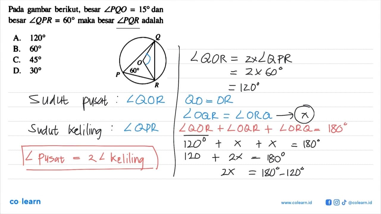 Q O P 60 R Pada gambar berikut, besar sudut PQO=15 dan