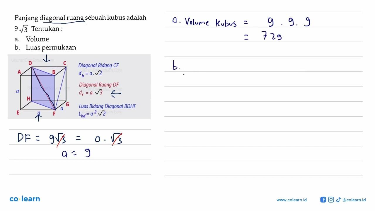 Panjang diagonal ruang sebuah kubus adalah 9 akar(3)