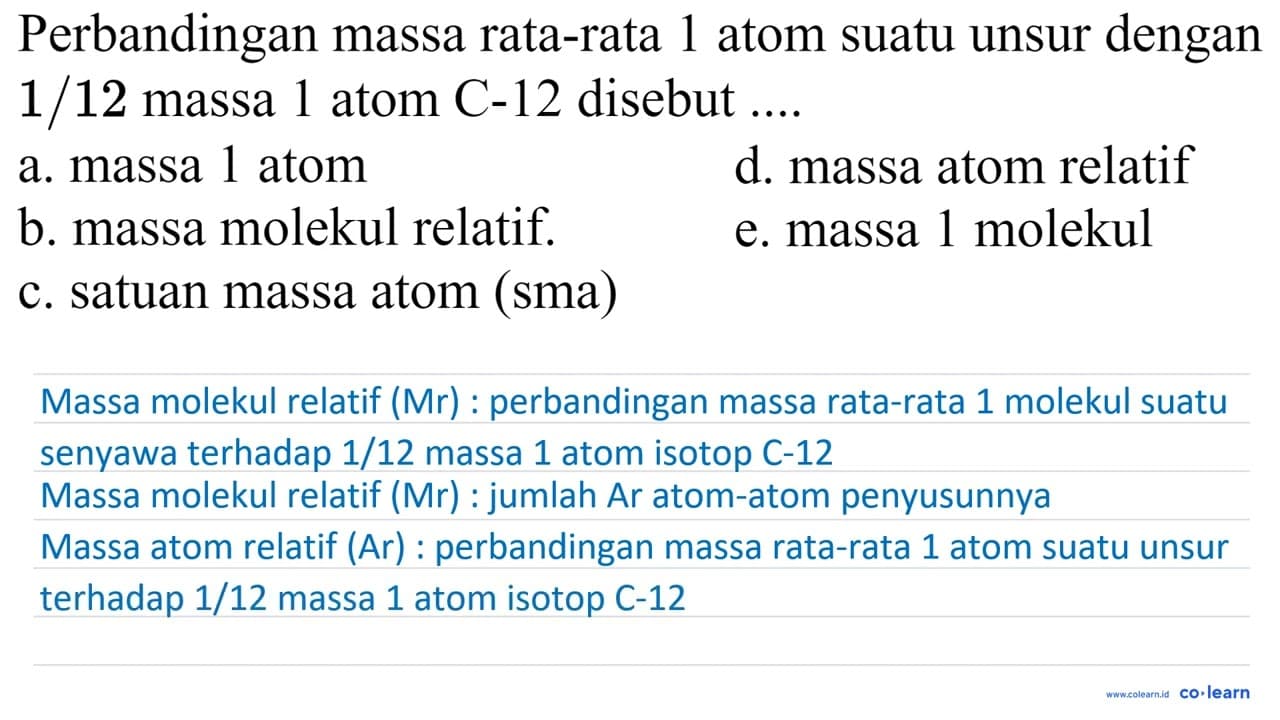 Perbandingan massa rata-rata 1 atom suatu unsur dengan 1 /