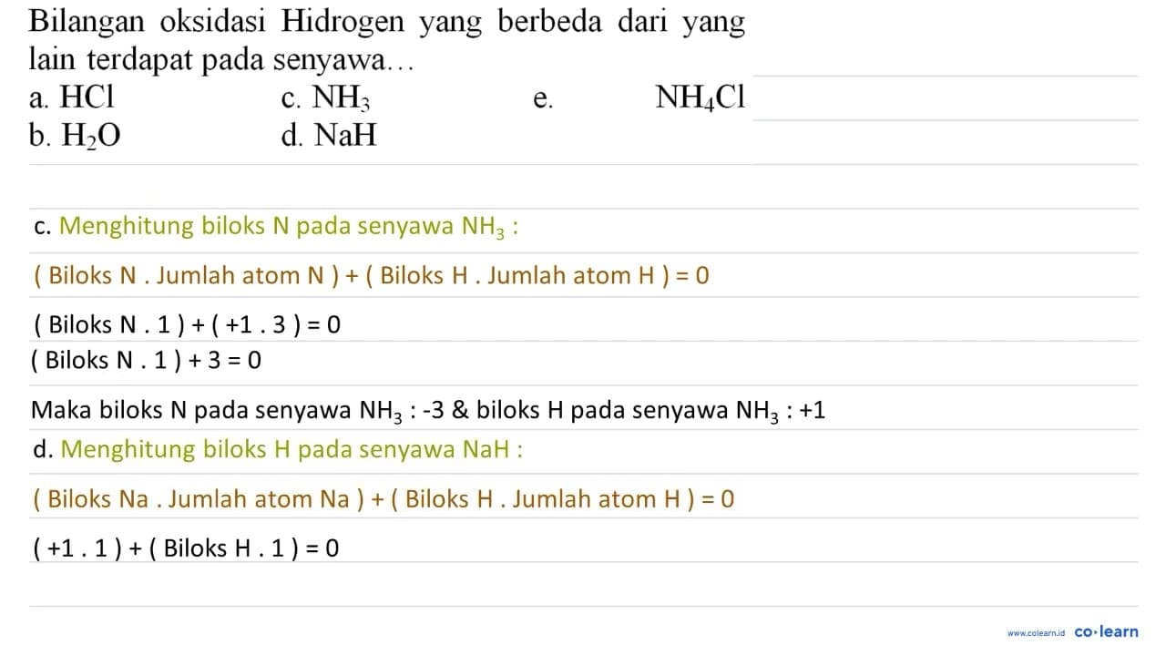 Bilangan oksidasi Hidrogen yang berbeda dari yang lain