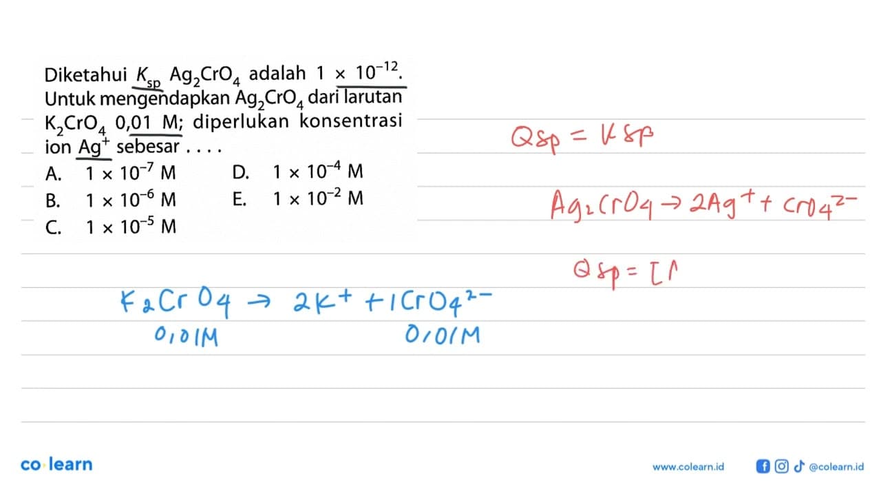 Diketahui Ksp Ag2CrO4 adalah 1x10^-12. Untuk mengendapkan