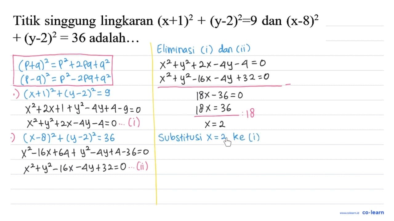 Titik singgung lingkaran (x + 1)^2 + (y - 2)^2=9 dan (x -