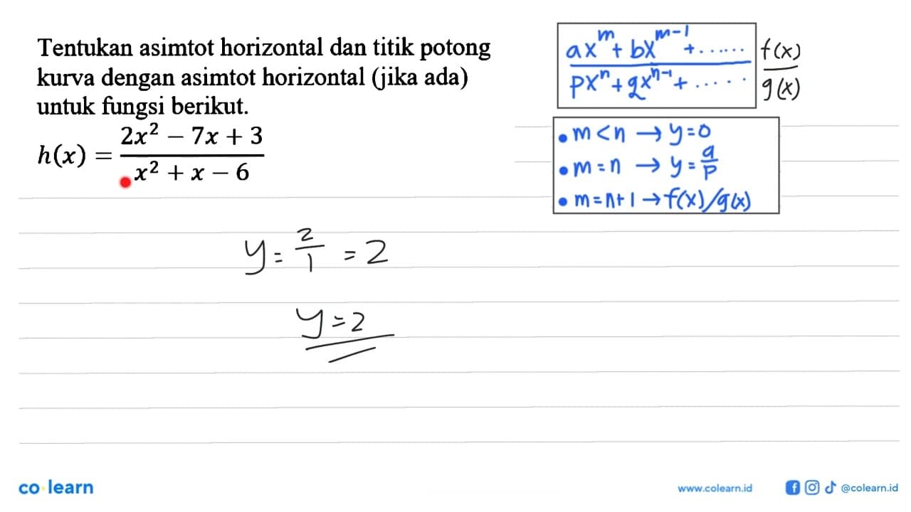 Tentukan asimtot horizontal dan titik potong kurva dengan