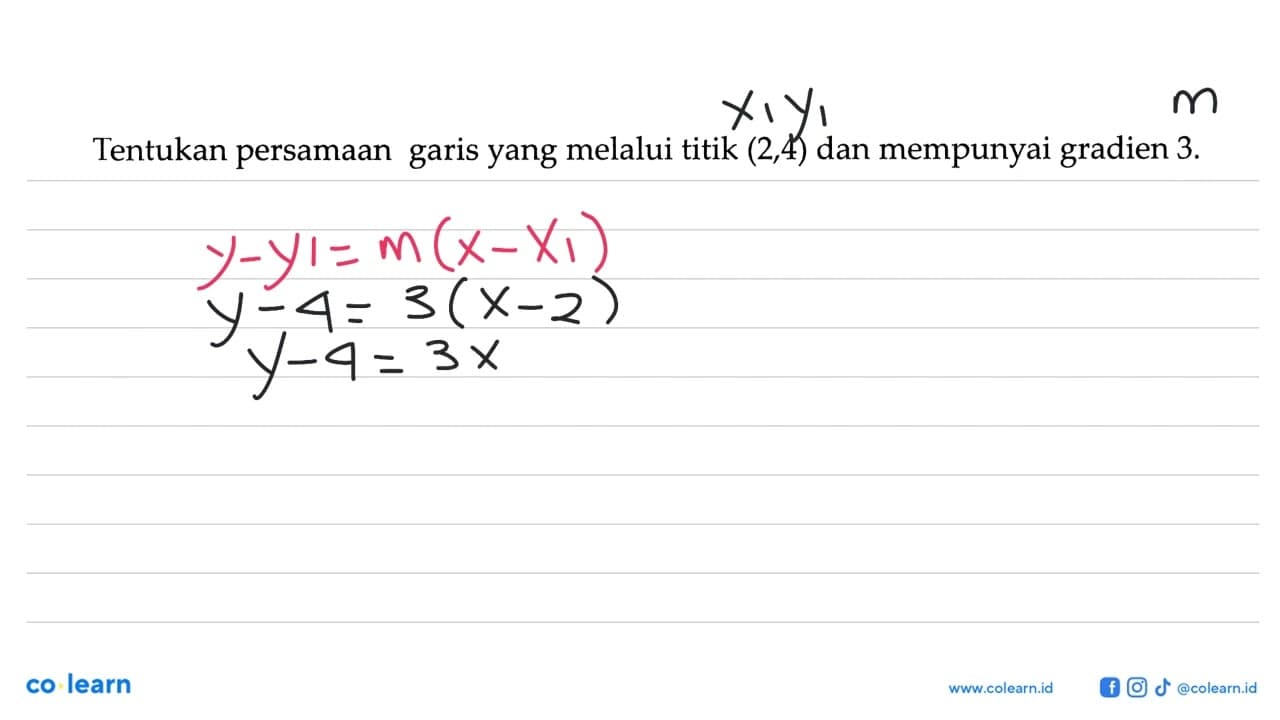 Tentukan persamaan garis yang melalui titik (2,4) dan