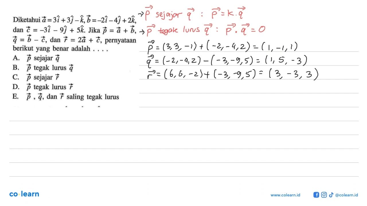 Diketahui vektor a=3i+3j-k, vektor b=-2i-4j+2k, dan vektor