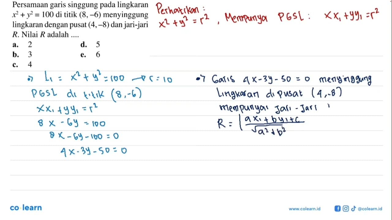 Persamaan garis singgung pada lingkaran x^2+y^2=100 di