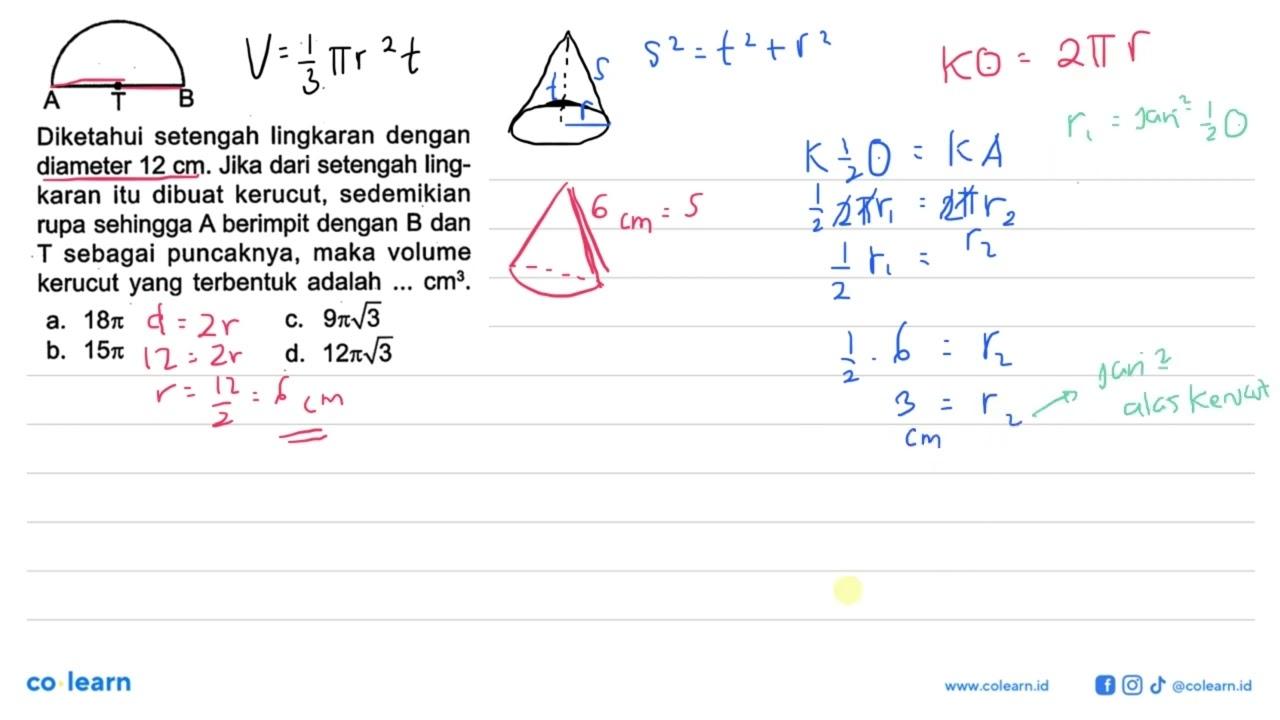 Diketahui setengah lingkaran dengan diameter 12 cm. Jika