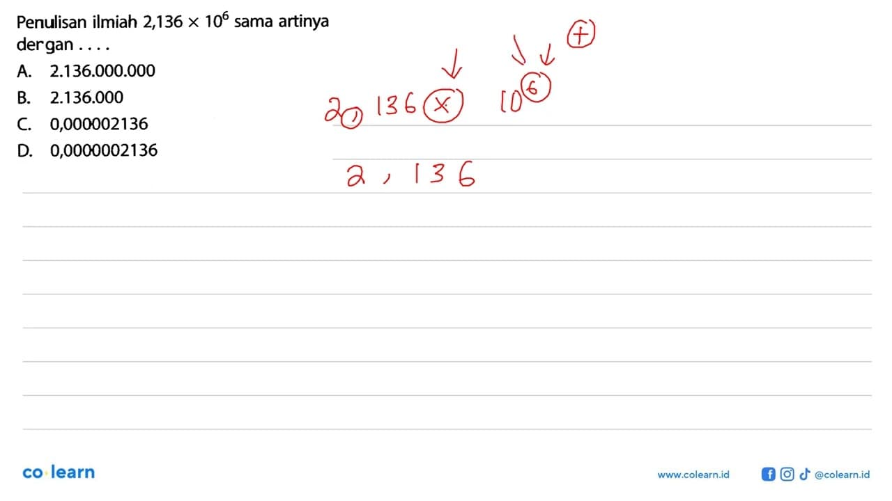 Penulisan ilmiah 2,136 X 10^6 sama artinya dergan