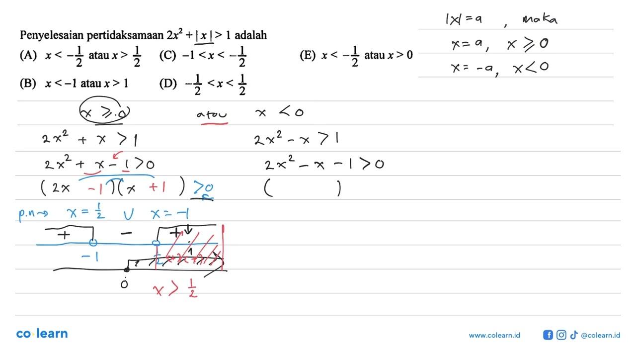 Penyelesaian pertidaksamaan 2x^2+|x |>1 adalah