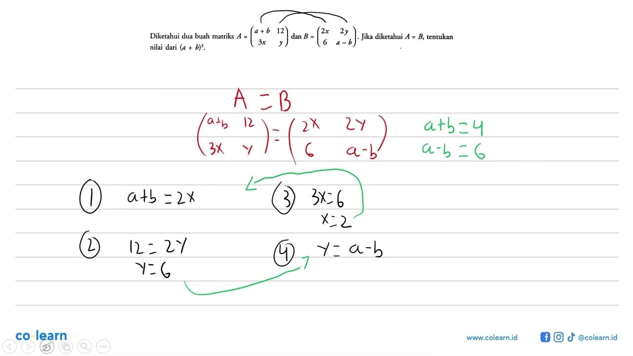 Diketahui dua buah matriks A=(a+b 12 3x y) dan B=(2x 2y 6