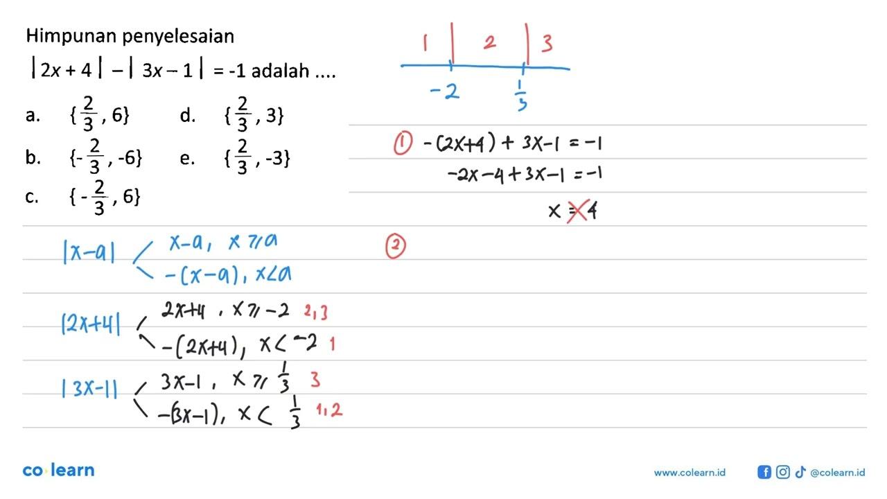 Himpunan penyelesaian |2x+4|-|3x-1|=-1 adalah....