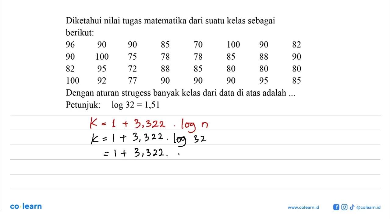 Diketahui nilai tugas matematika dari suatu kelas sebagai