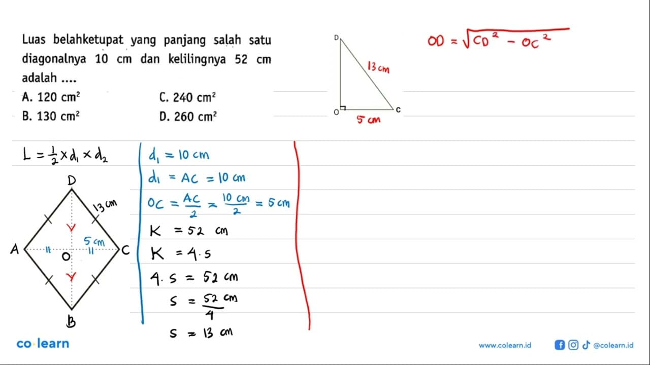 Luas belahketupat yang panjang salah satu diagonalnya 10 cm