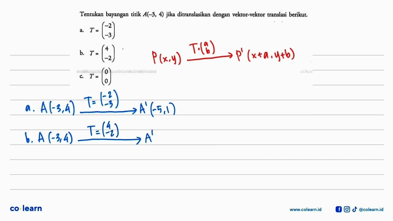 Tentukan bayangan titik A(-3, 4) jika ditranslasikan dengan