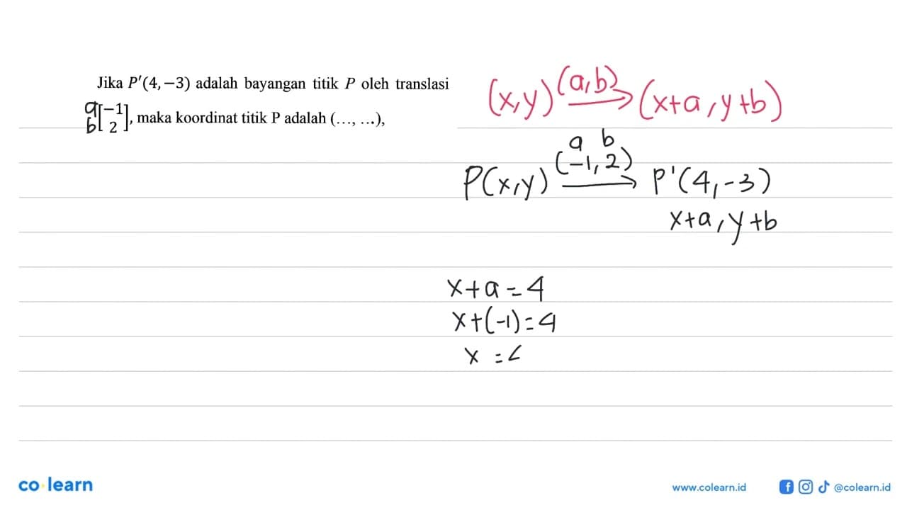 Jika P'(4,-3) adalah bayangan titik P oleh translasi [-1