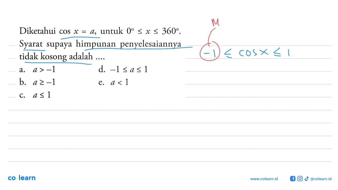 Diketahui cos x = a, untuk 0 <= x <= 360. Syarat supaya