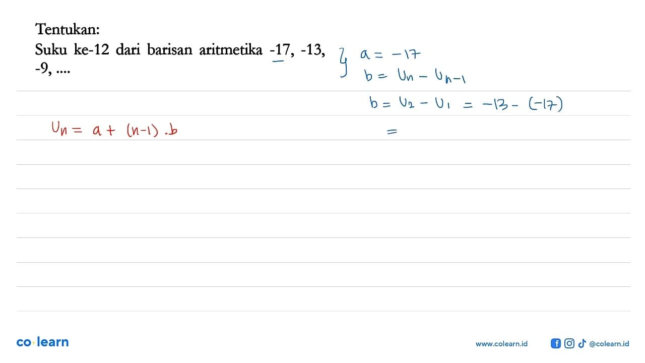Tentukan: Suku ke-12 dari barisan aritmetika -17, -13, -9,