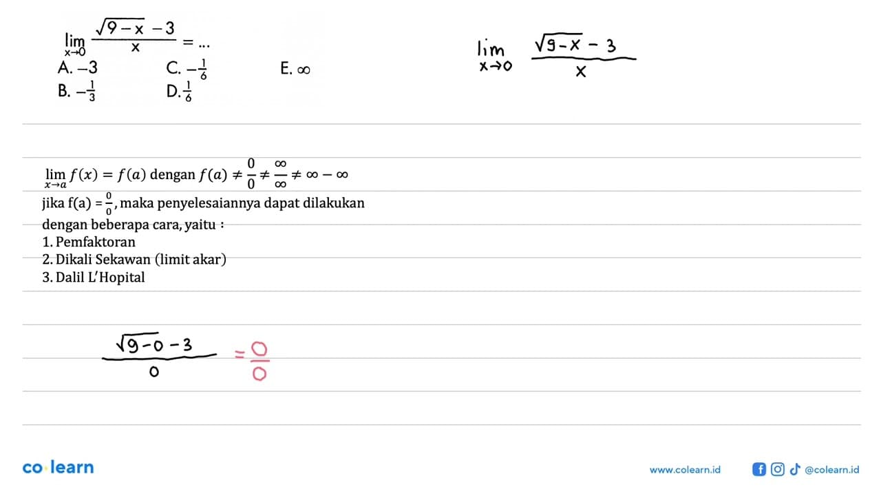 lim x->0 (akar(9-x)-3)/x=...