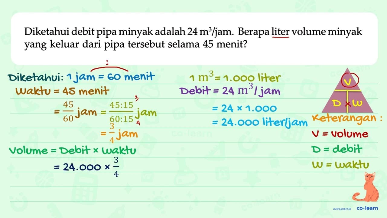 Diketahui debit pipa minyak adalah 24 m^3 / jam. Berapa