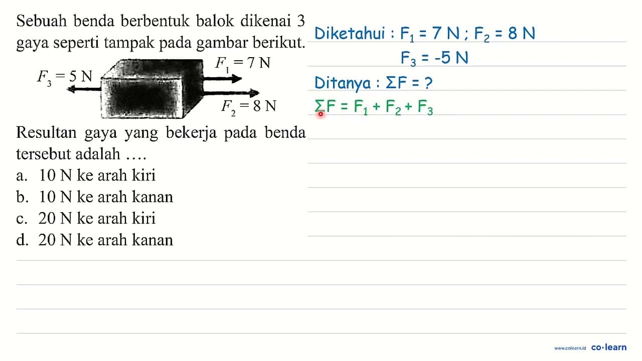 Sebuah benda berbentuk balok dikenai 3 gaya seperti tampak